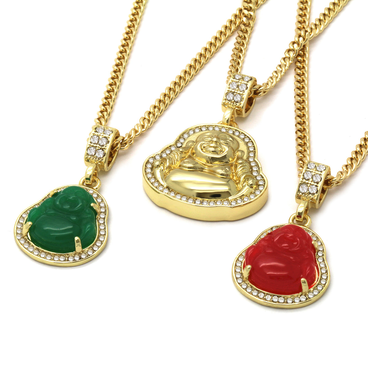 14k Gold G, R Buddha 3 Pendant CZ 30 30 24 Cuban Chain