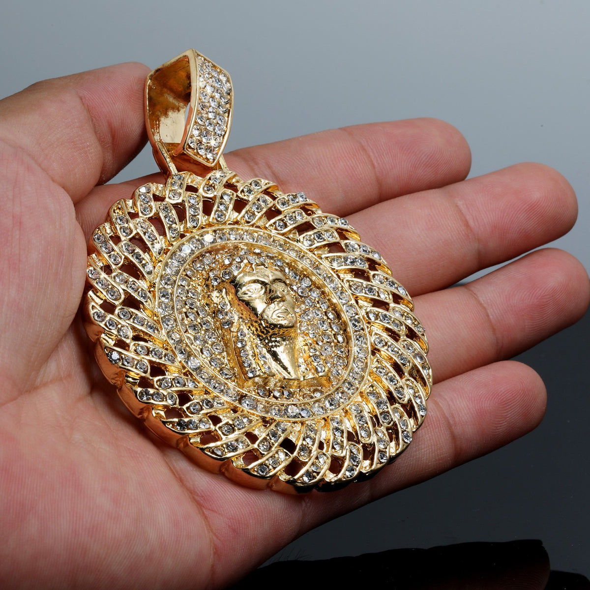 Round Cuban Jesus Face CZ Fully Iced Pendant 10mm Chain Gold