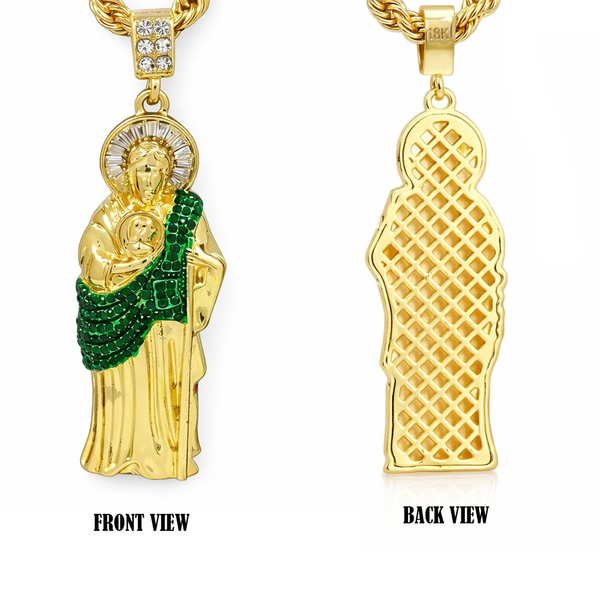 14k Gold San Judas Pendant Necklace with Iced Out Cz, Rope Chain Large