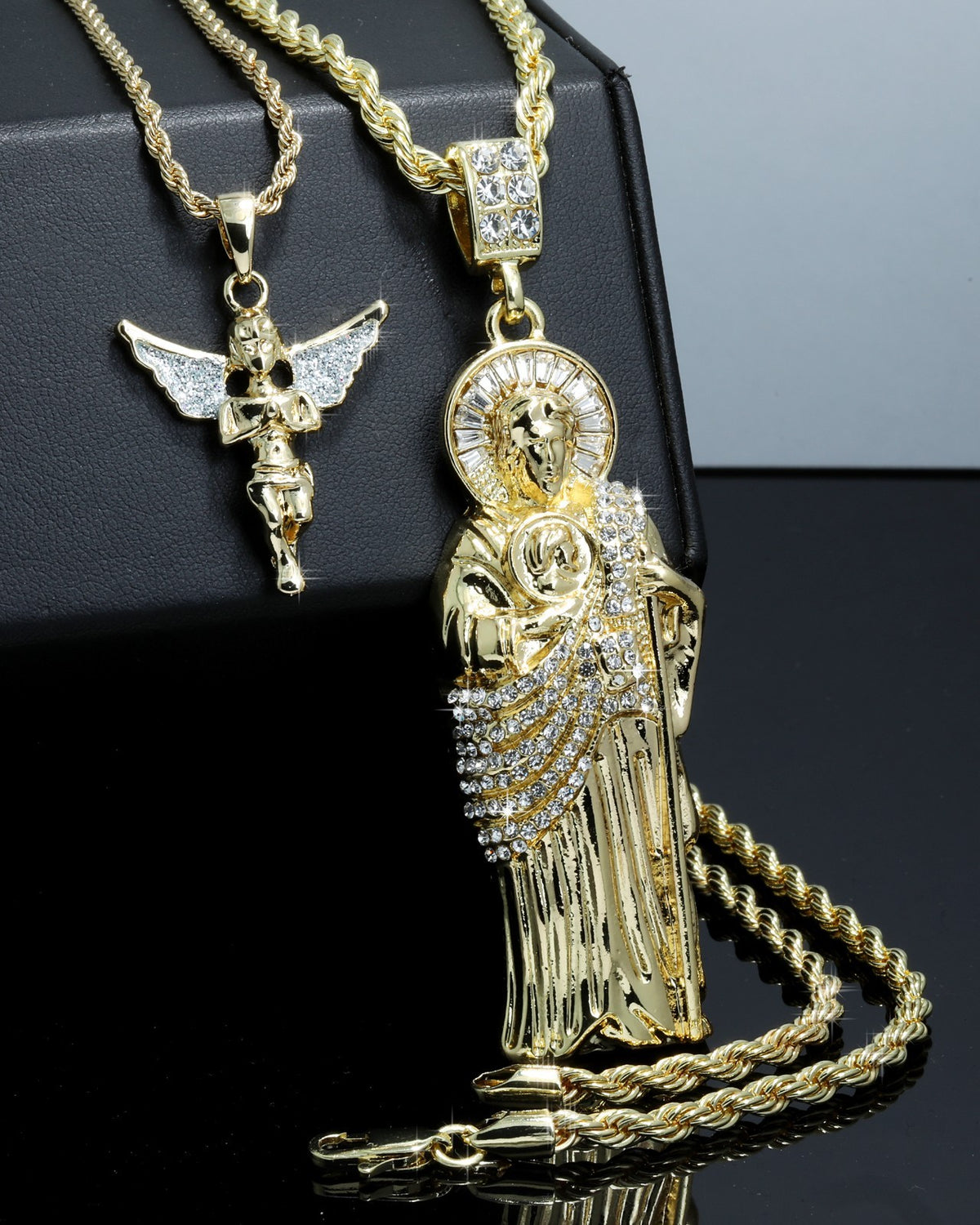 Iced San Judas & Mini Angel Pendant CZ Gold 4mm Rope Chain