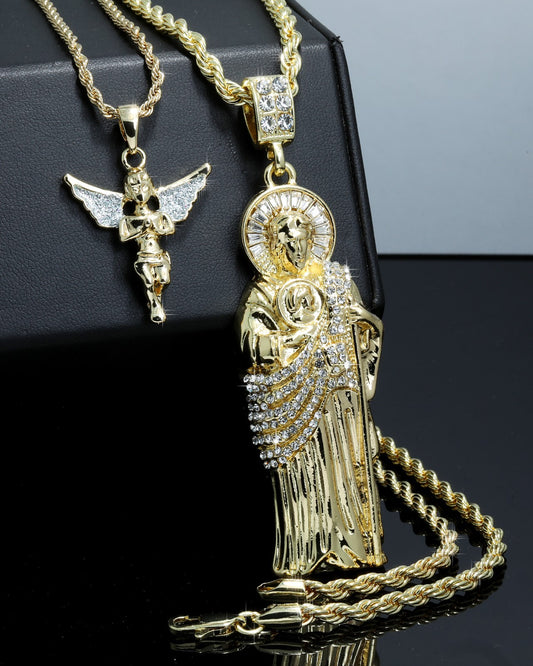 Iced San Judas & Mini Angel Pendant CZ Gold 4mm Rope Chain