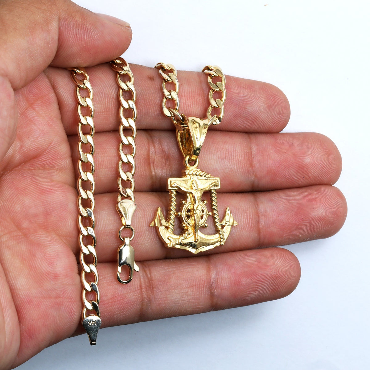Tiny Jesus Anchor Charm Pendant 14k Gold 20" Cuban Choker Chain