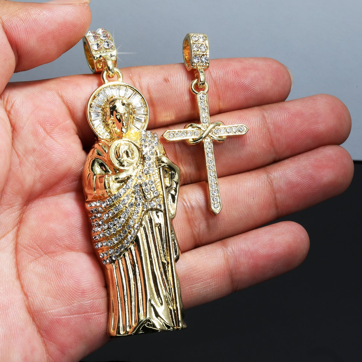 San Judas & Infinity Cross Pointed Iced CZ Gold 4mm Rope Chain