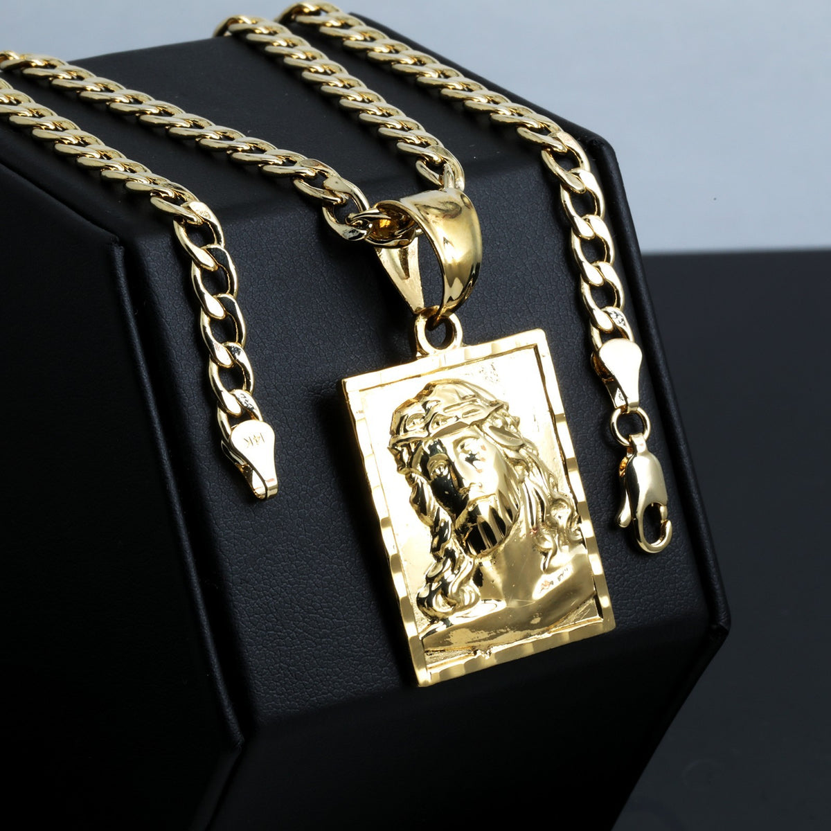 Block Jesus Face Charm Pendant 14k Gold 5mm 20" Cuban Choker Chain