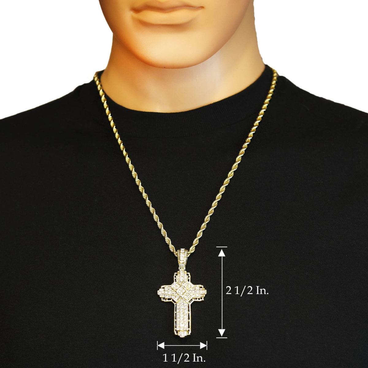 Iced X Cross Pendant CZ 14k Gold Rope Chain for Men's