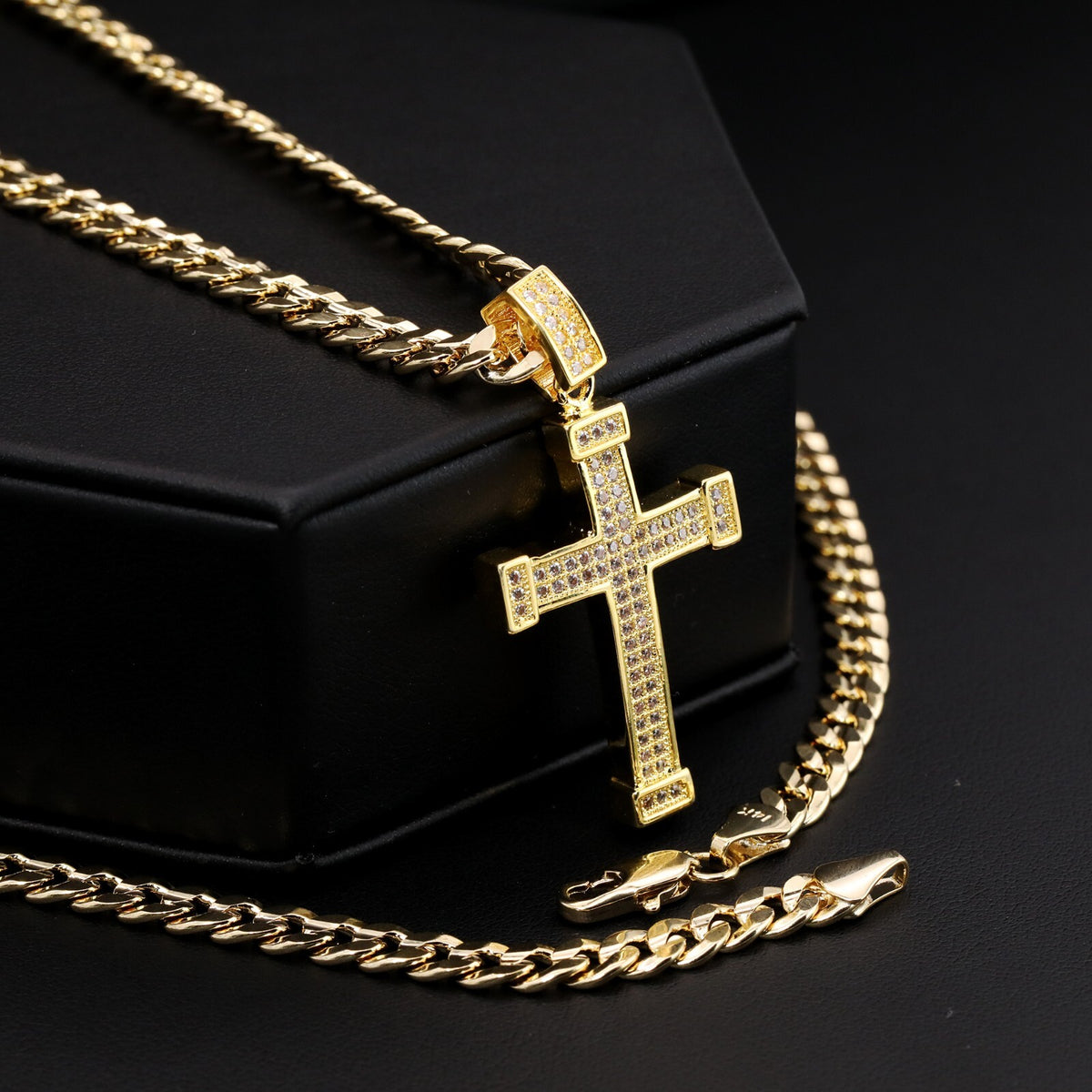 14k Gold Fully CZ Shade Cross Pendant 24" Cuban Chain