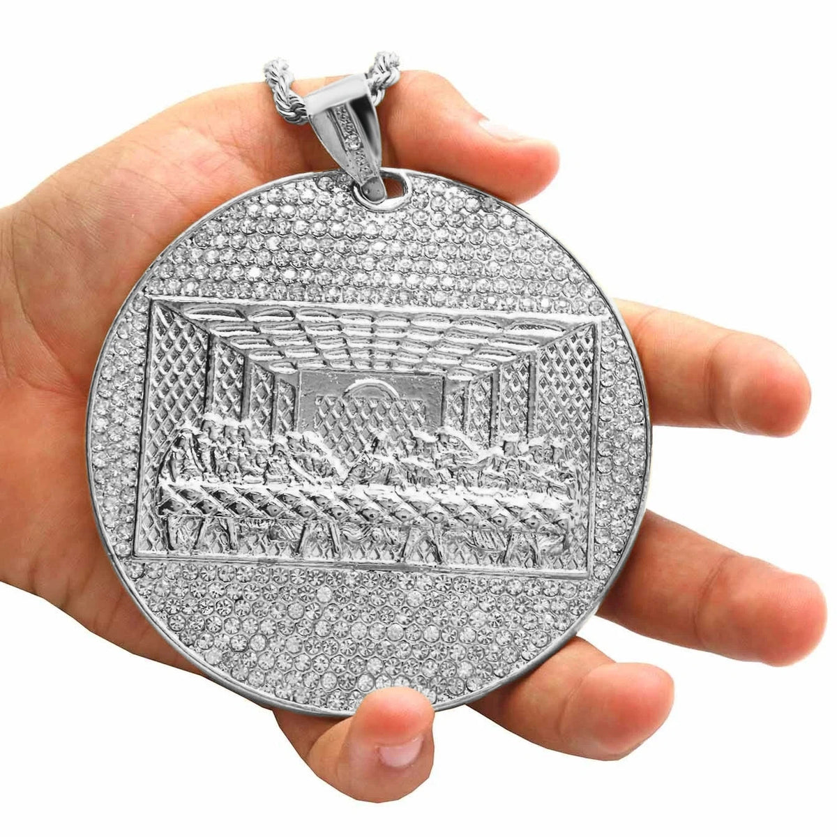 925 Silver " Huge Last Supper" Pendant CZ 30" Rope Chain