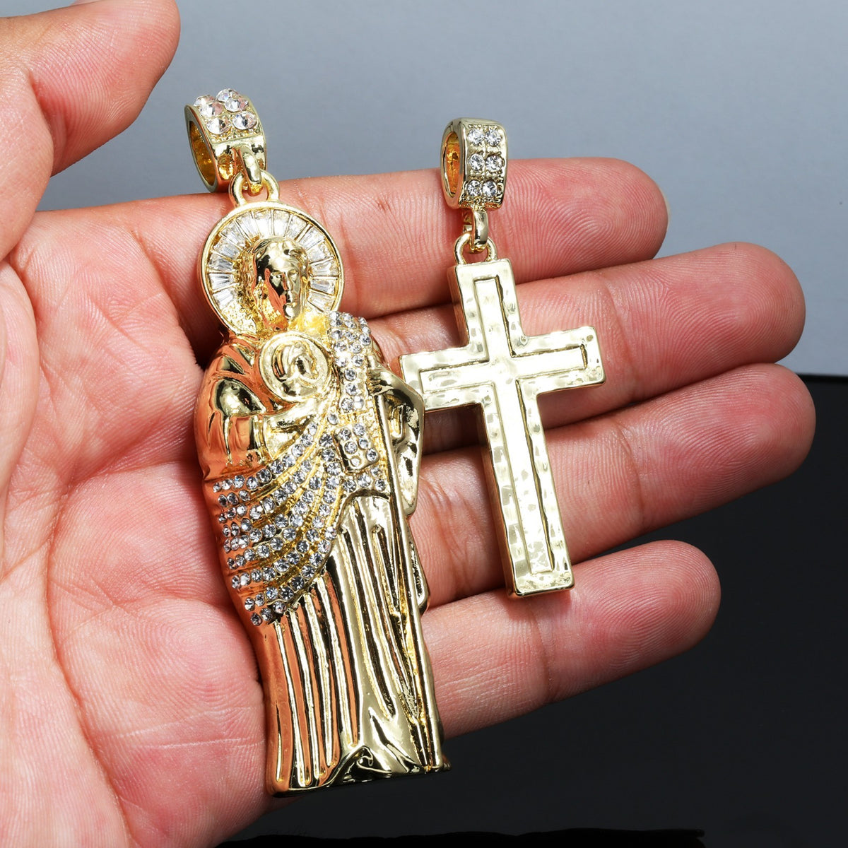 San Judas & Wavy Cross Iced CZ 14k Gold 4mm Rope Chain