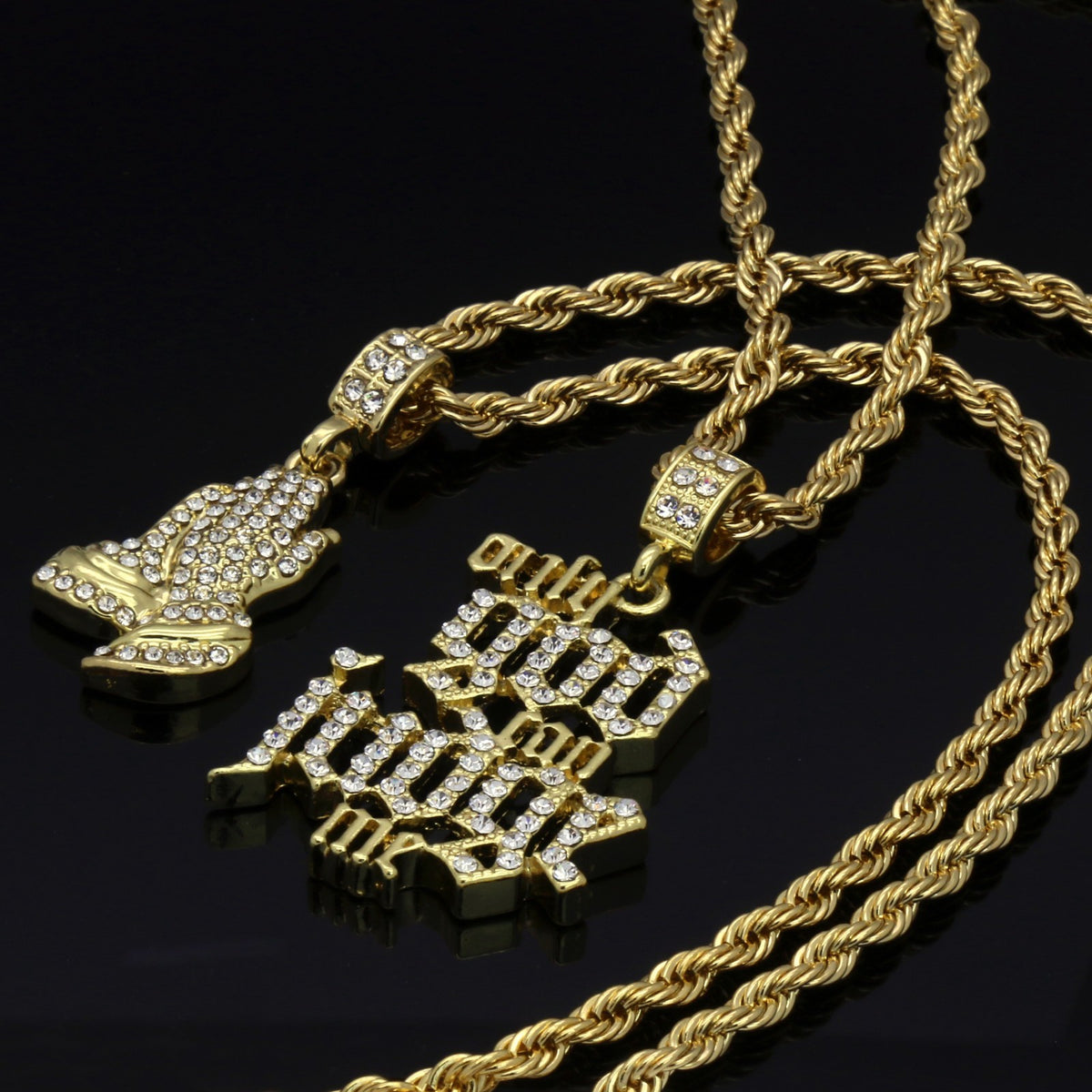 Gold O.g.c.j.m. & Prayer Hand Pendant CZ 24 & 30 Rope Chain
