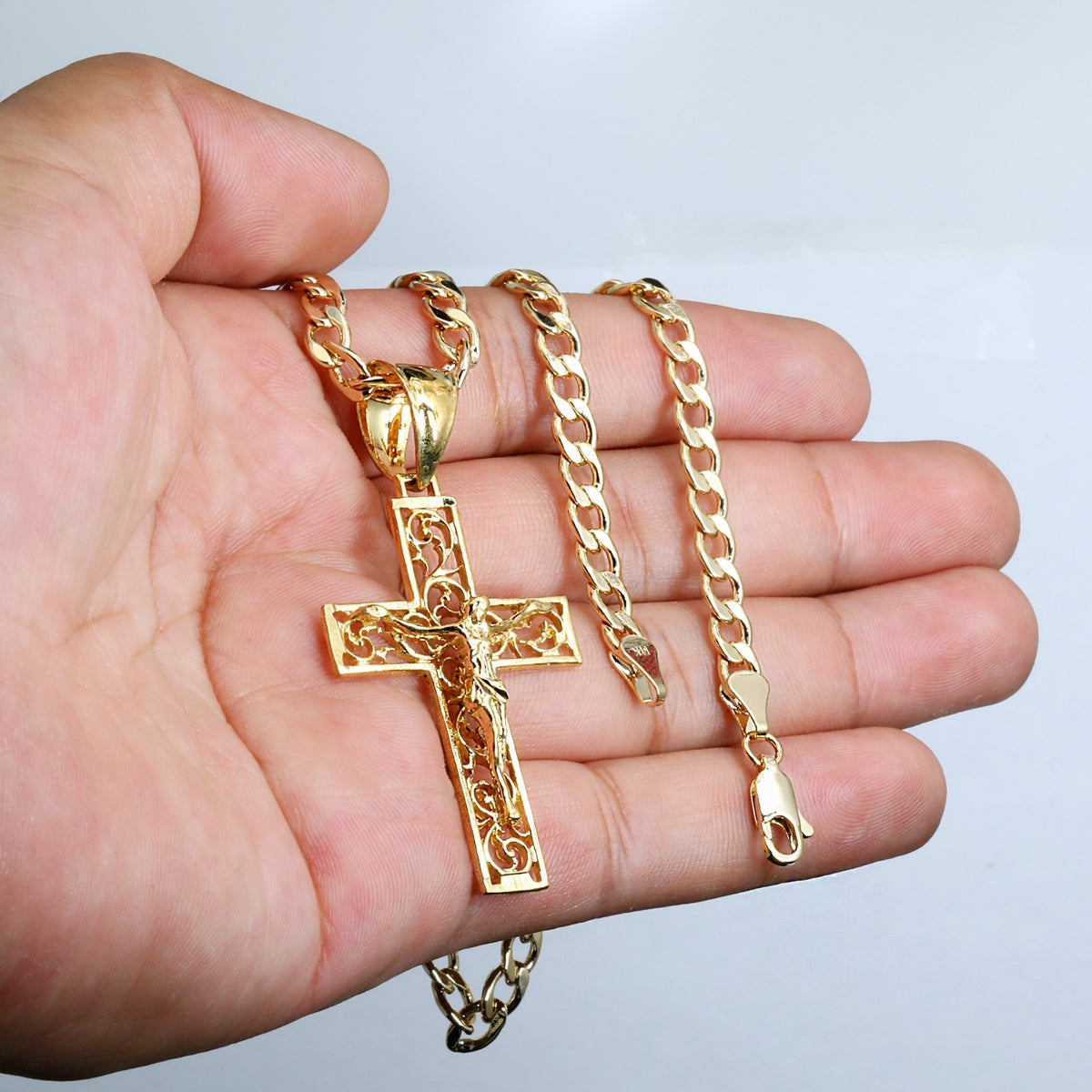 Charm Jesus Cross Hollow Pendant 14k Gold 20" Cuban Link Choker Chain 212
