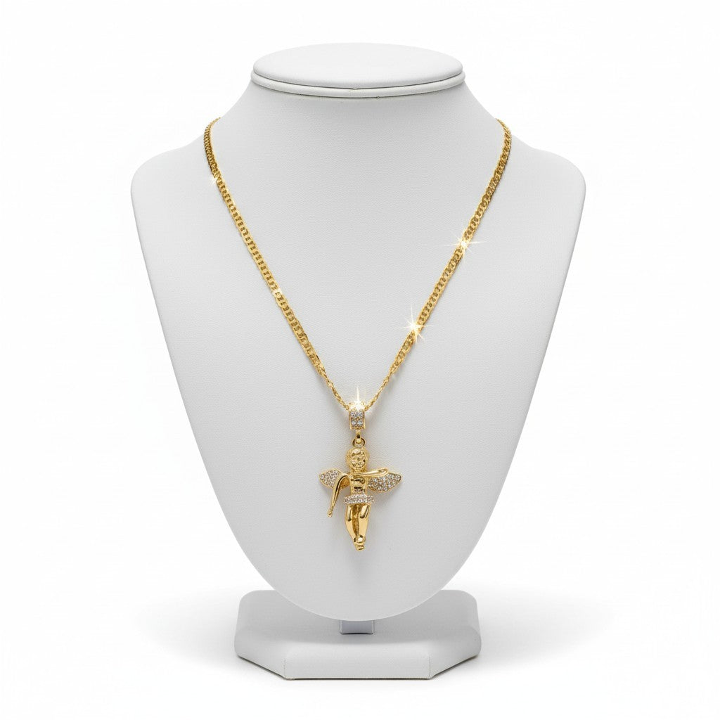 Gold Tone CZ Dancing Angel Pendant Necklace – 14k Gold Mariner Chain