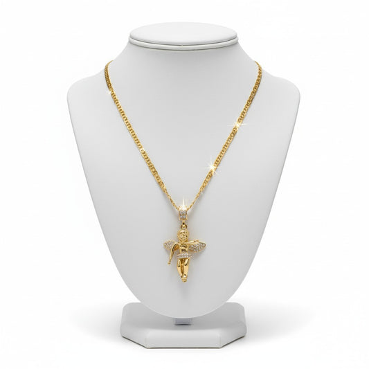 Gold Tone CZ Dancing Angel Pendant Necklace – 14k Gold Mariner Chain