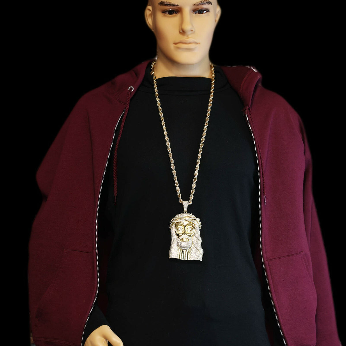 Big Jesus CZ Pendant 36" Rope Chain Jumbo Size Gold