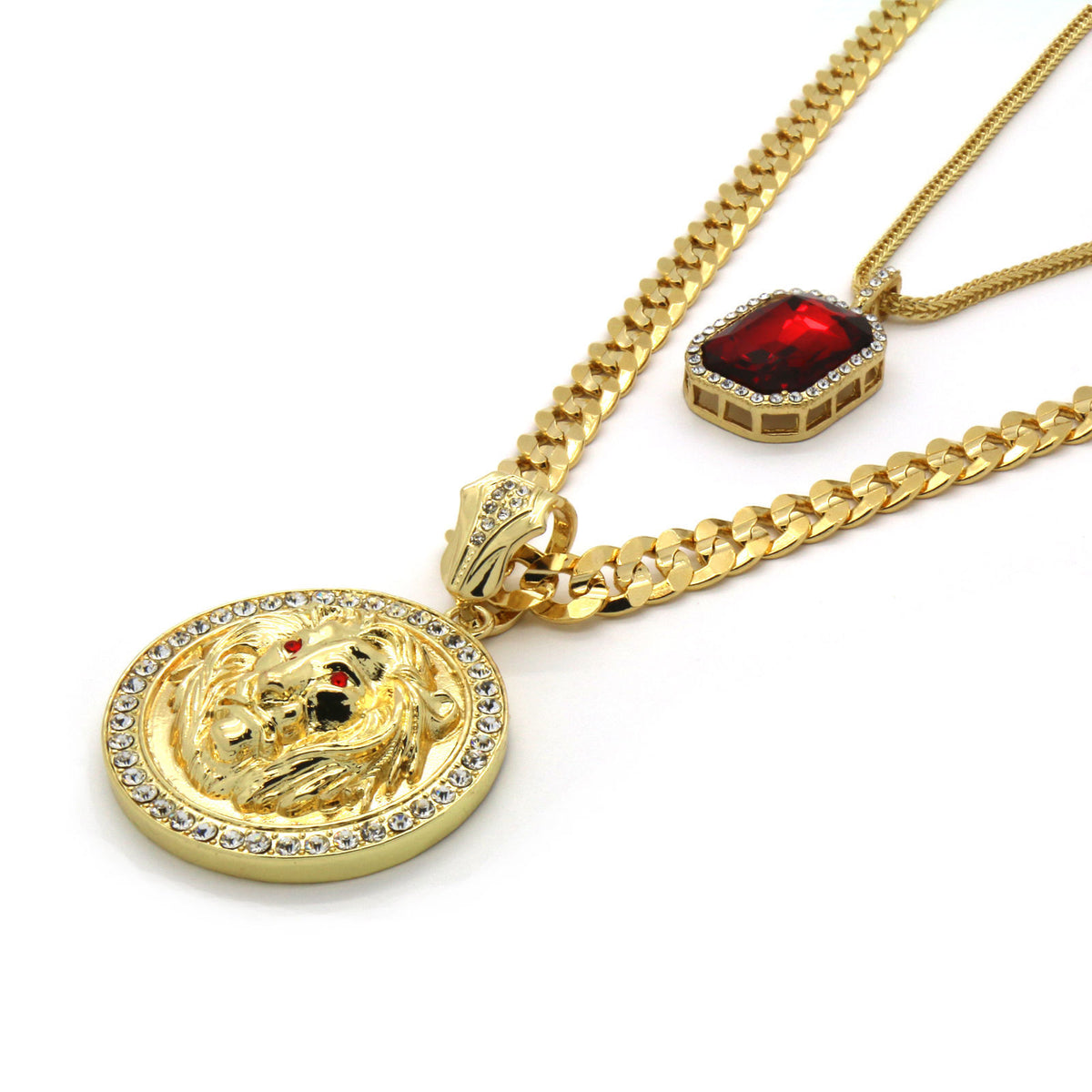 Men's 14k Gold Cuban Chain Lion Face Red Eyes & Red