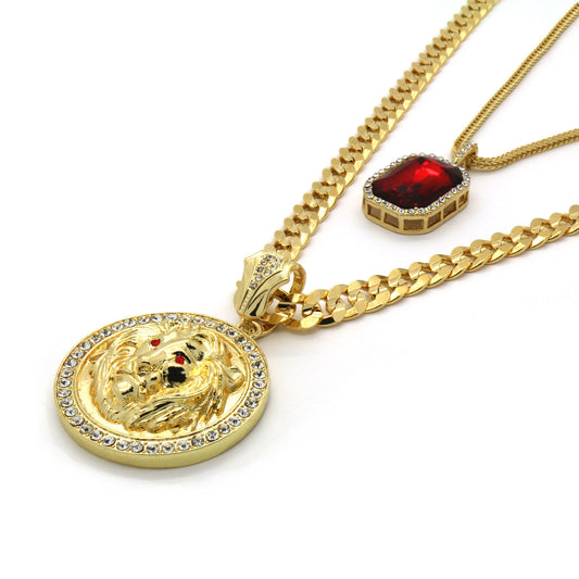 Men's 14k Gold Cuban Chain Lion Face Red Eyes & Red