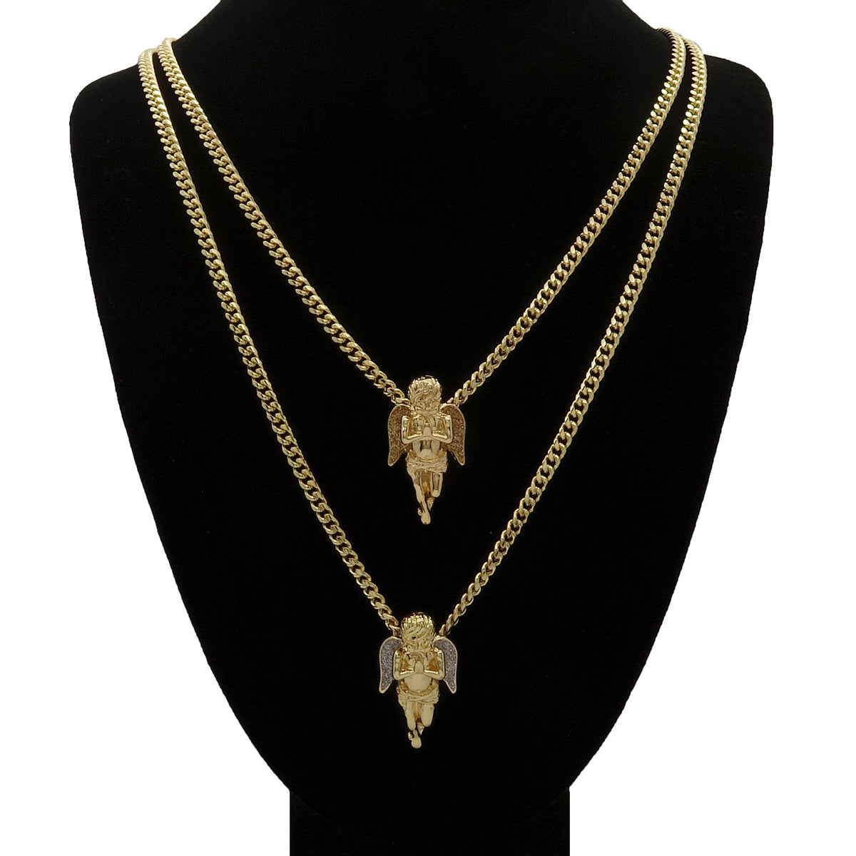 Men's 14k Gold High 2 Pcs Angels 3mm 30" & 24" Cuban Necklace