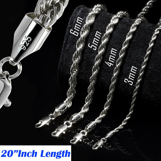 Rope Chain 925 Silver 20" Necklace 3mm, 4mm, 5mm, 6mm Men & Women Jewelry