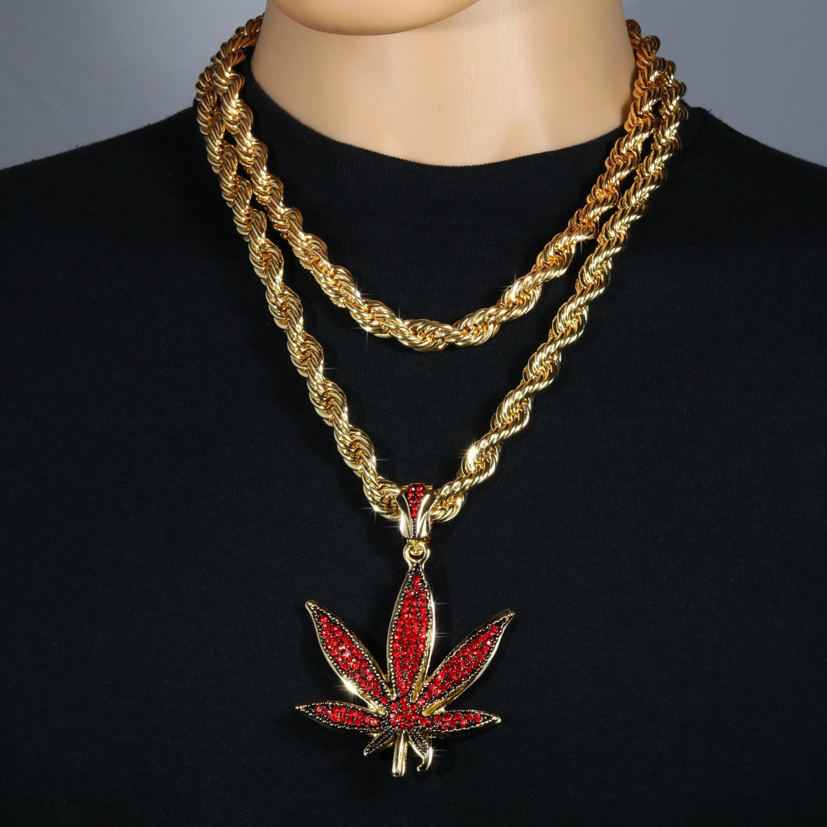 Rope Chain 10mm 20" & 24"In Red Marijuana Leaf Large Weed Necklace Gold