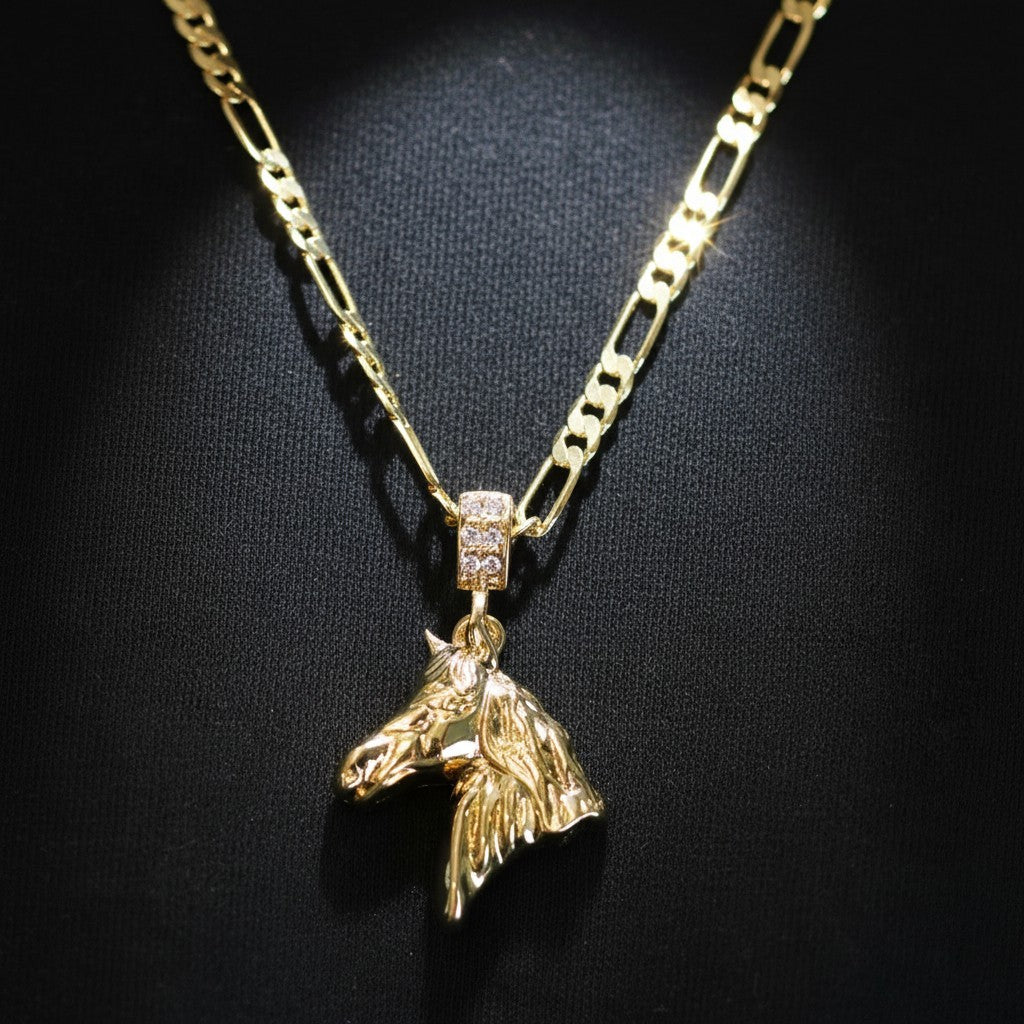 14k Gold Horse Head Pendant Necklace, 5mm 24” Figaro Chain