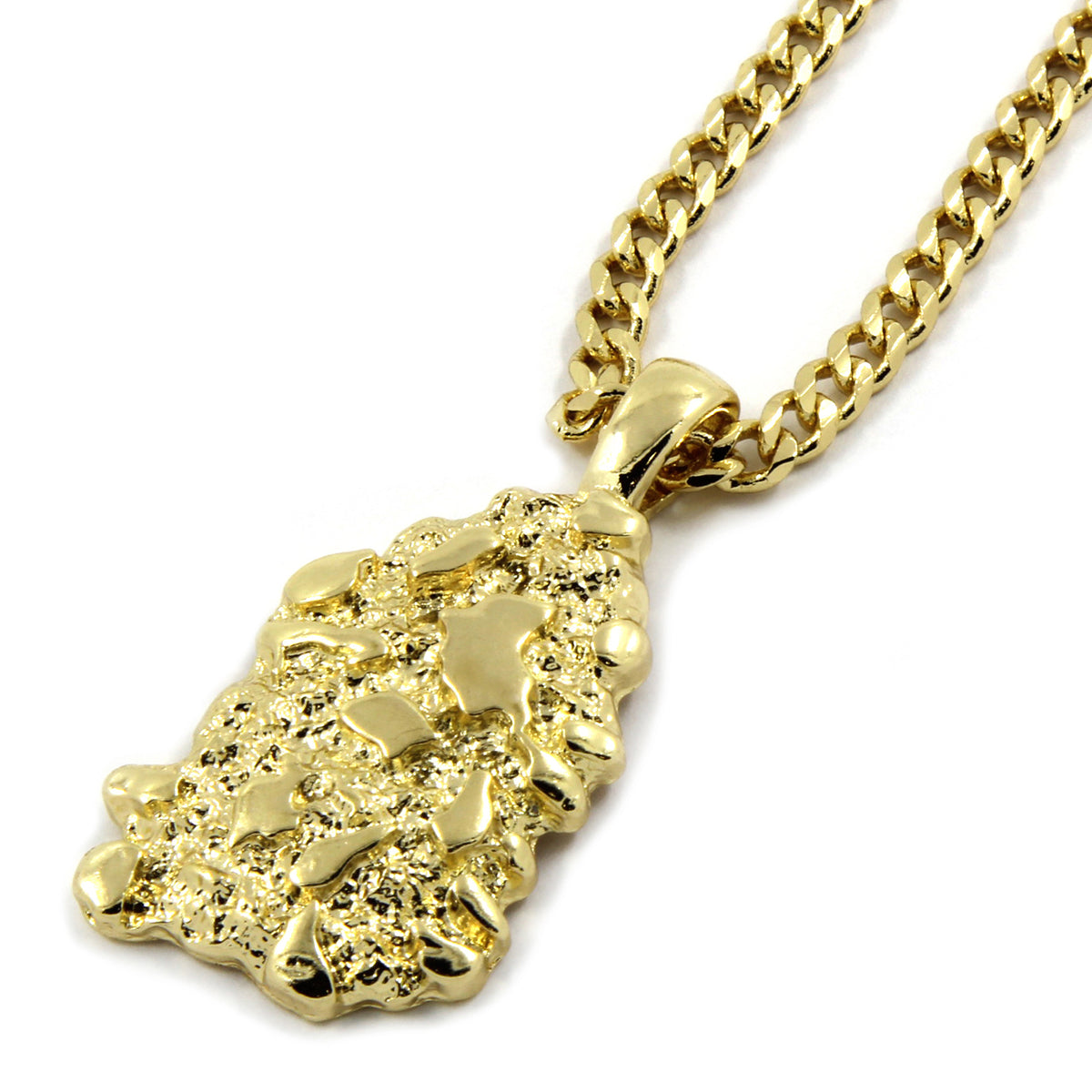 Men's 14k Gold Nugget Pendant 3mm/30" Cuban Chain