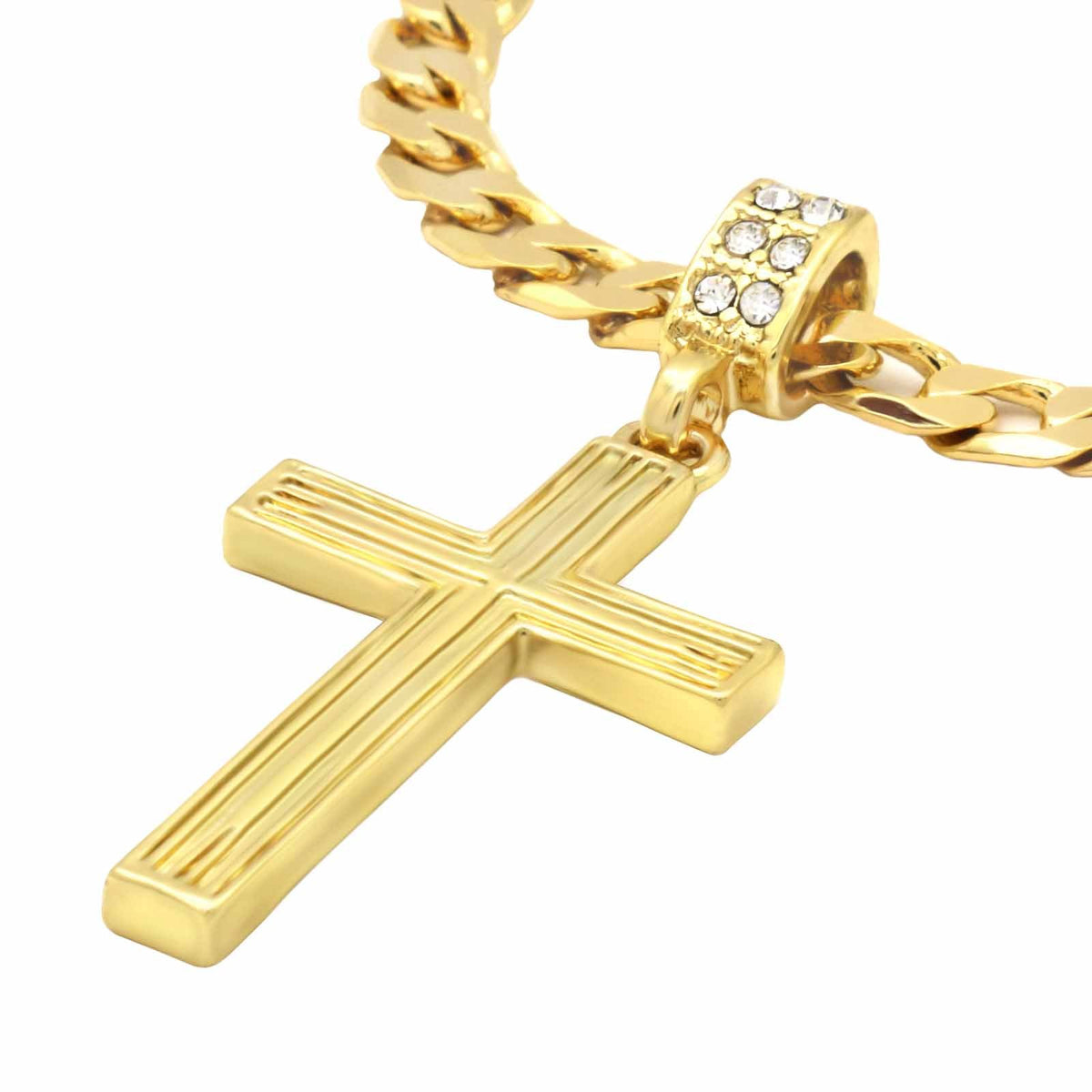 Men's 14k Gold Flat Miami Cuban Chain Necklaces On Two Cross Pendant