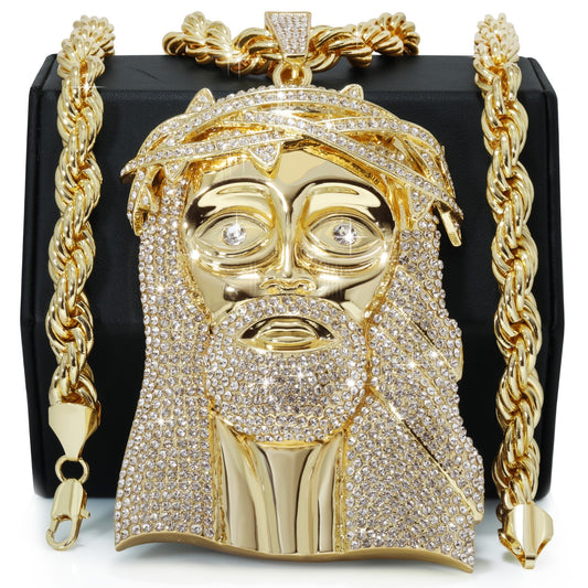 14k Rope Chain 10mm 24" & 30"In Jesus Piece Face Head Gold