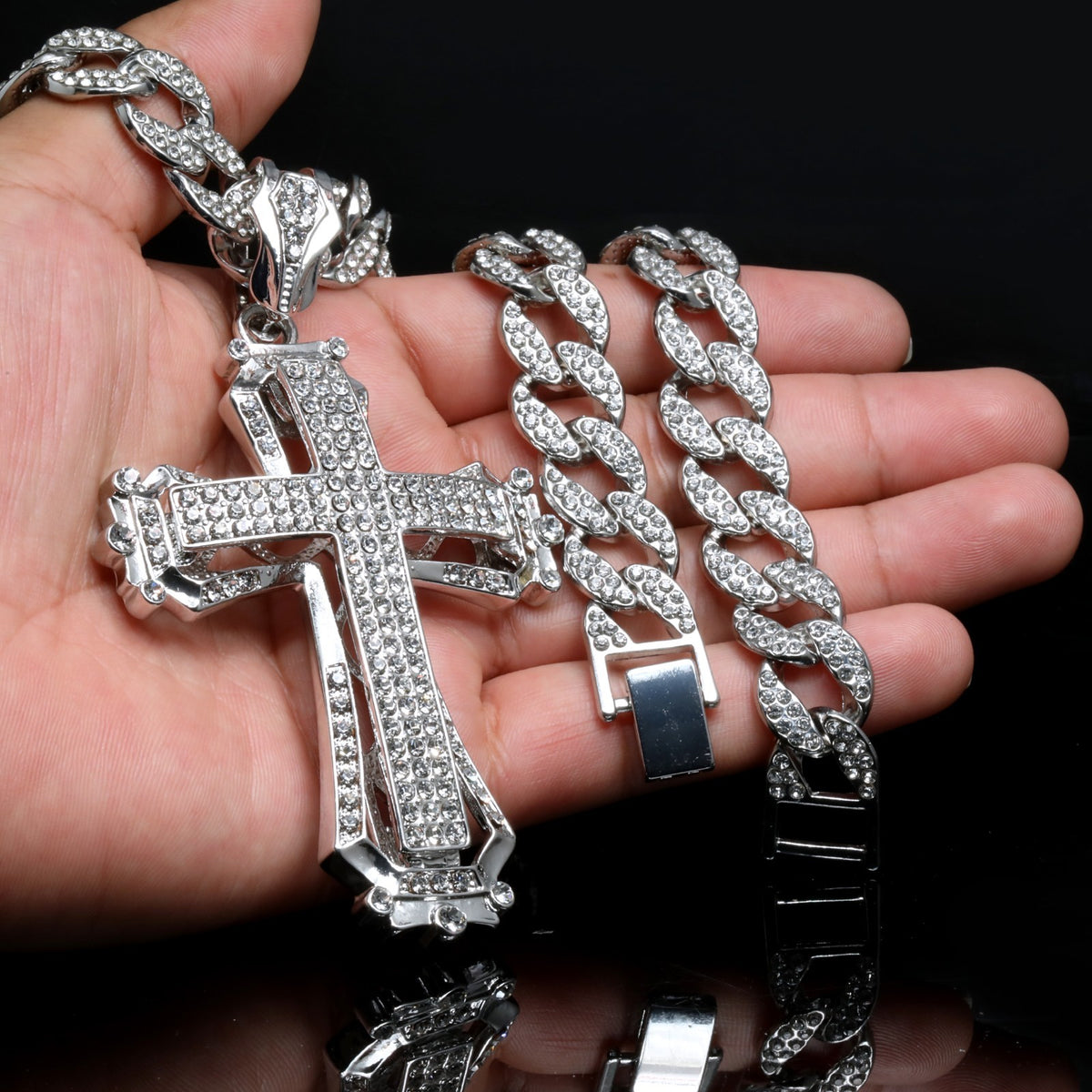 925 Silver Cuban Chain Diamond Stone Necklace & Hollow Cross Silver