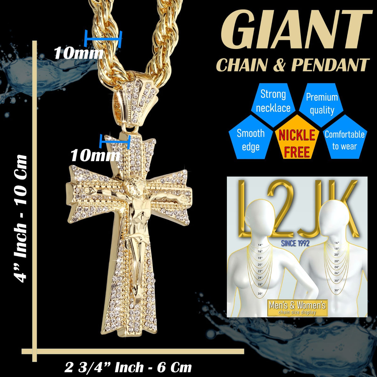 14k Rope Chain 10mm 20" & 24"In Large Latin Jesus Cross Gold