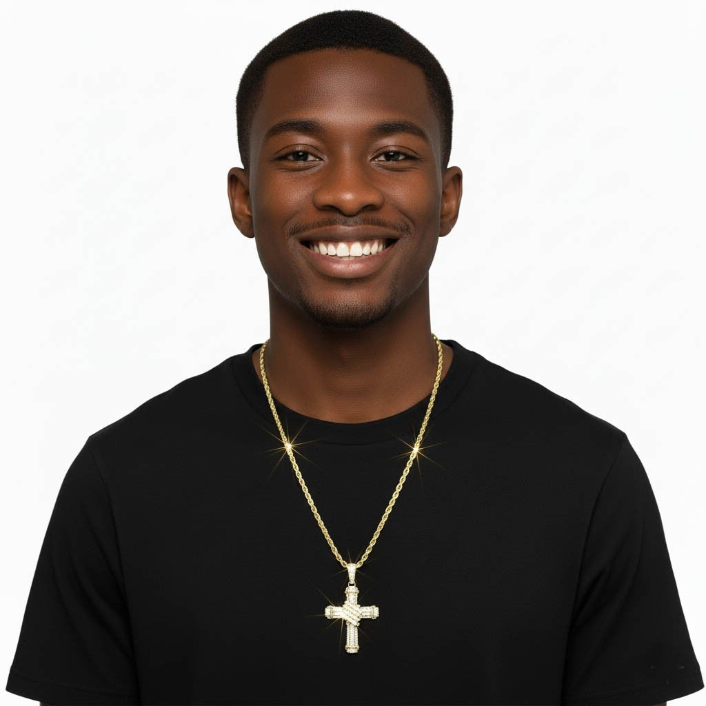 Stylized Draped Ribbon Design Cross Pendant CZ 14k Gold Rope