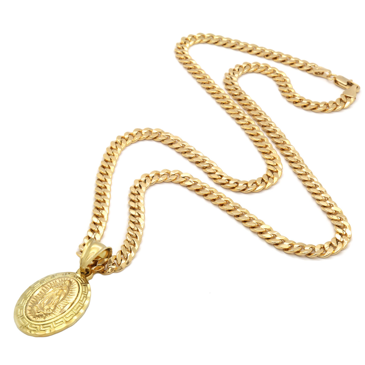 Men's 18k Gold Mini Oval Guadalupe Pendant 5mm 24" Cuban Necklace Chain