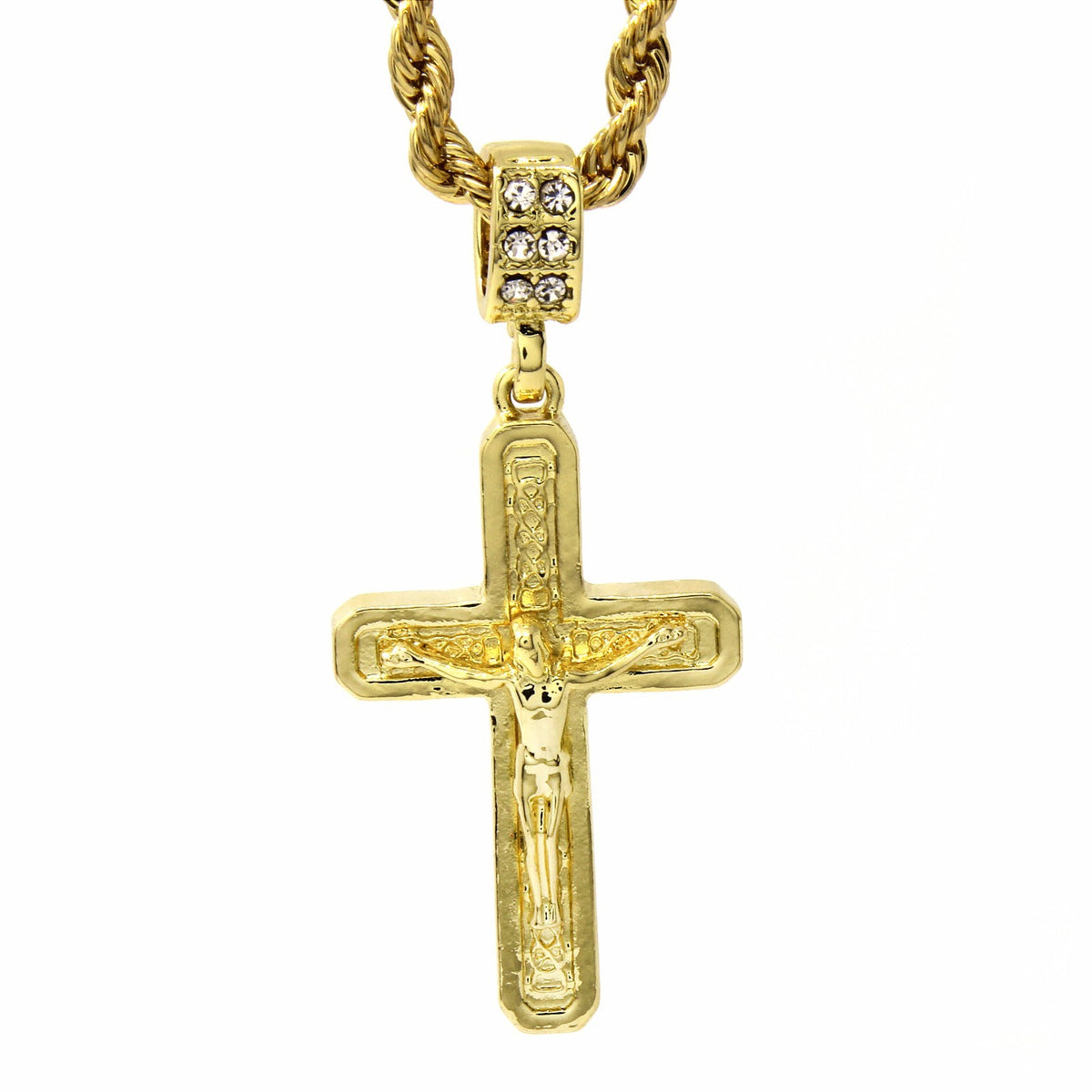 Men's 14k Gold Jesus C Cross Pendant CZ with 24" Rope Chain