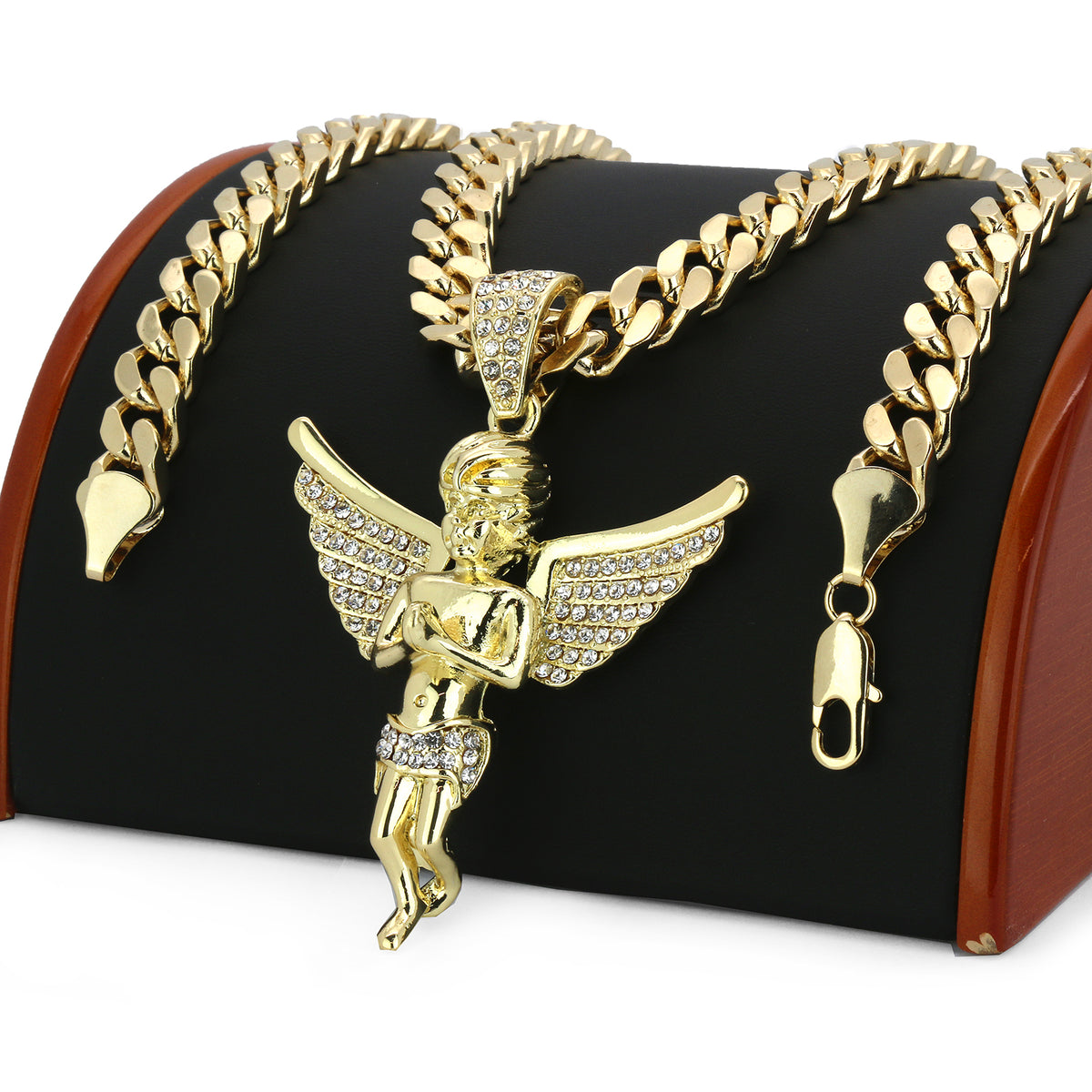 14k Gold Big Angel Pendant CZ 30" Cuban Link Chain