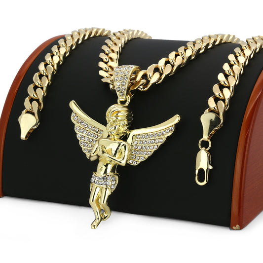 14k Gold Big Angel Pendant CZ 30" Cuban Link Chain