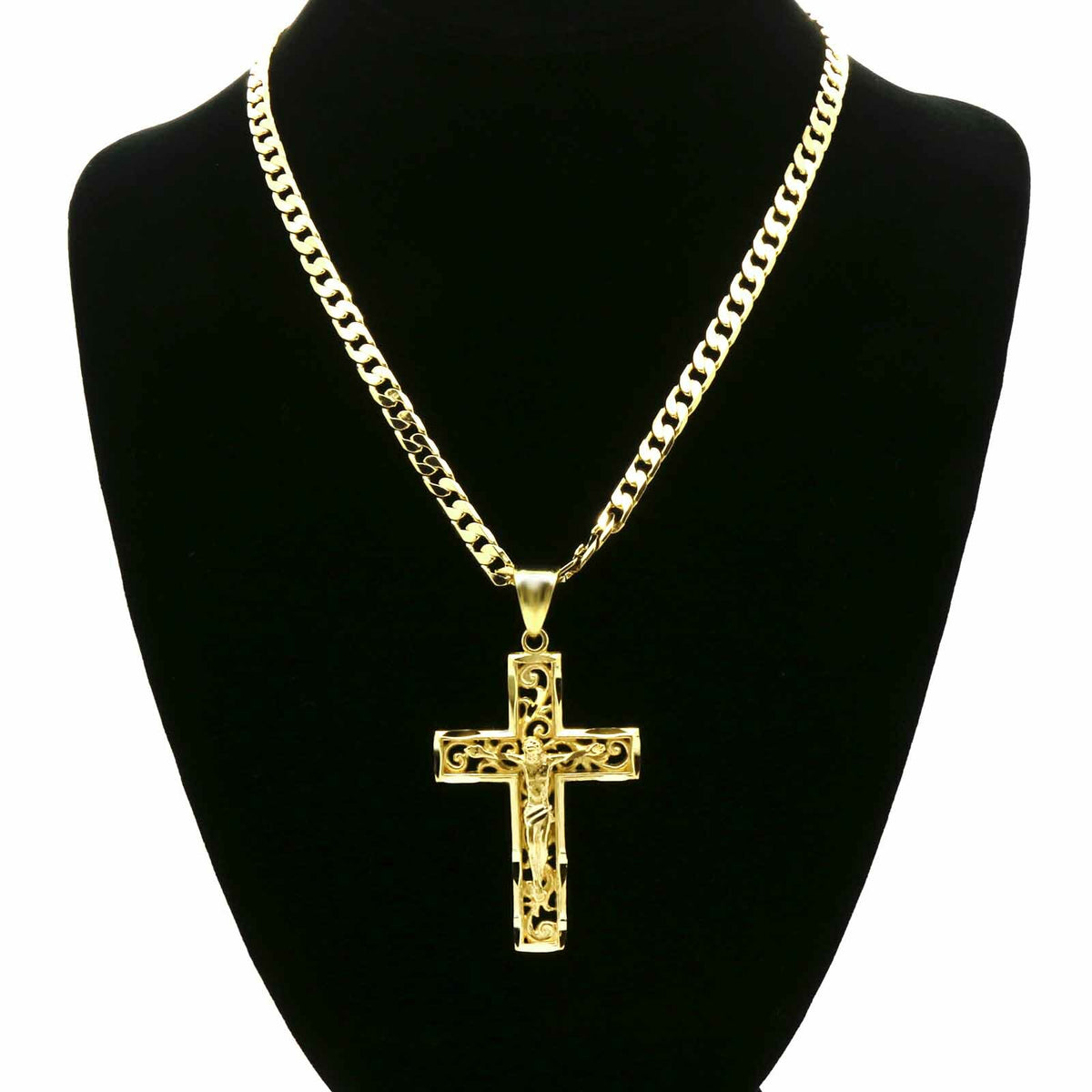 Men's 18k Gold " Jesus in Cross" Pendant 6mm 24" Cuban Chain