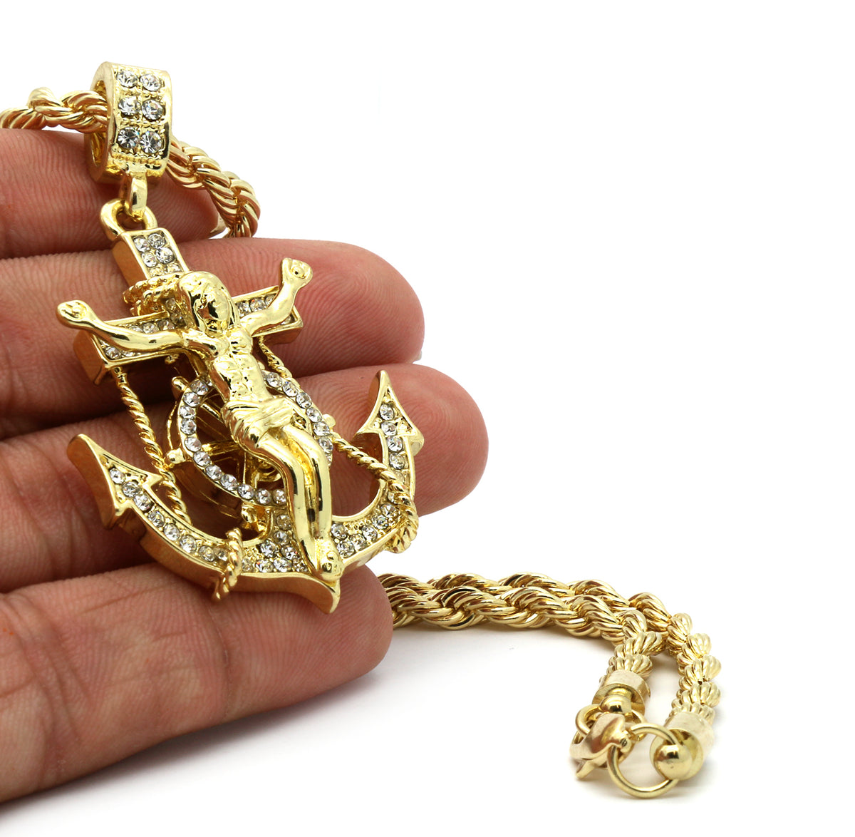Men's 14k Gold Jesus Hook Pendant CZ 24" Rope Chain
