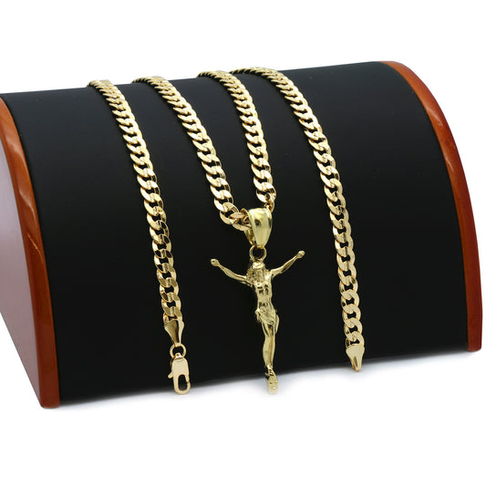 Men's 14k Gold Small Jesus Pendant 5mm 24" Cuban Necklace Chain