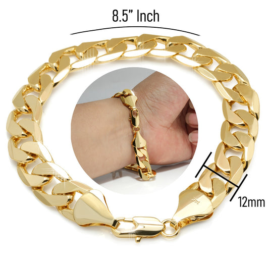 Cuban Link Chain Bracelet 12mm 8.5" 14k Gold Men's Jewelry