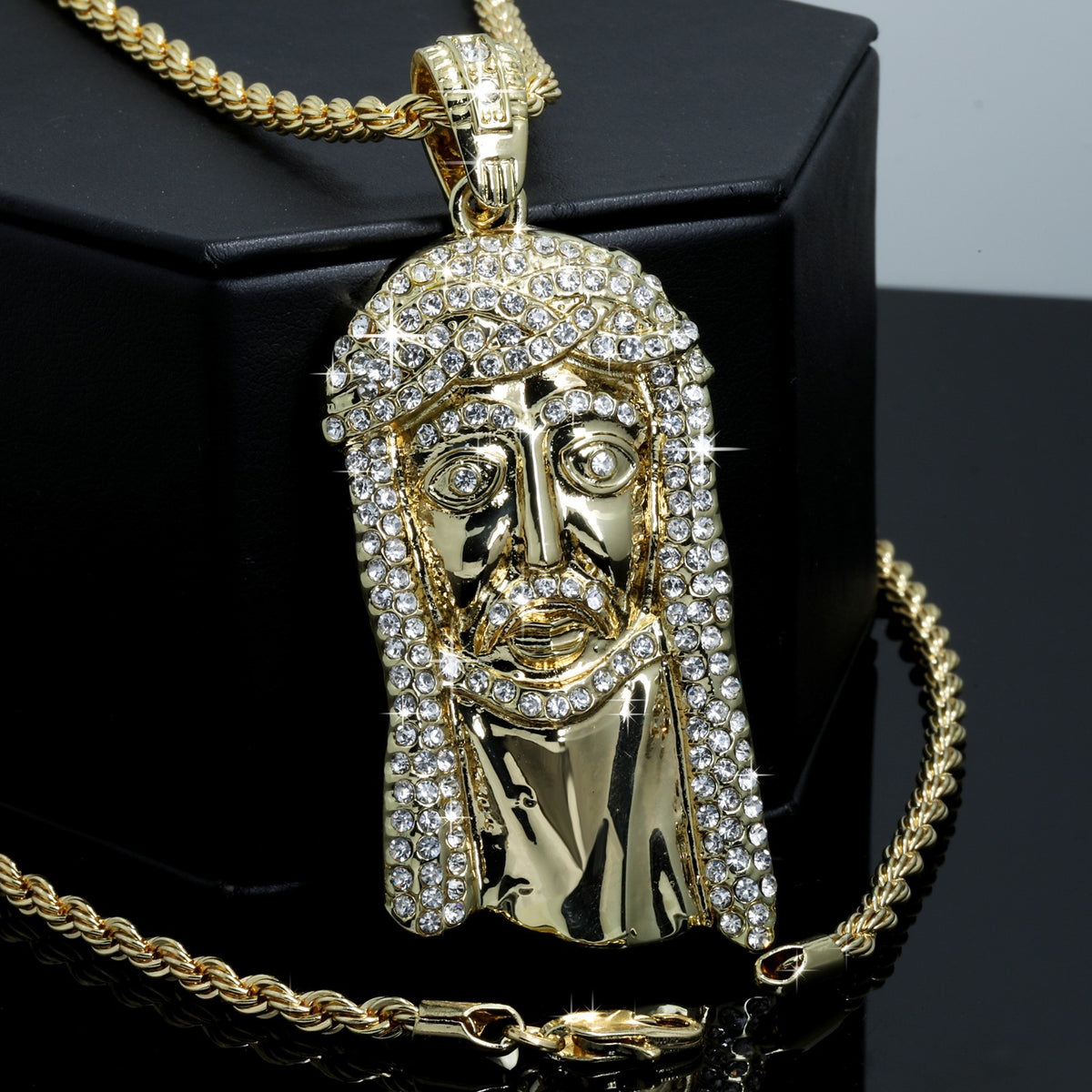 Slim Jesus Face Pendant Iced CZ 4mm Rope Chain 14k Gold