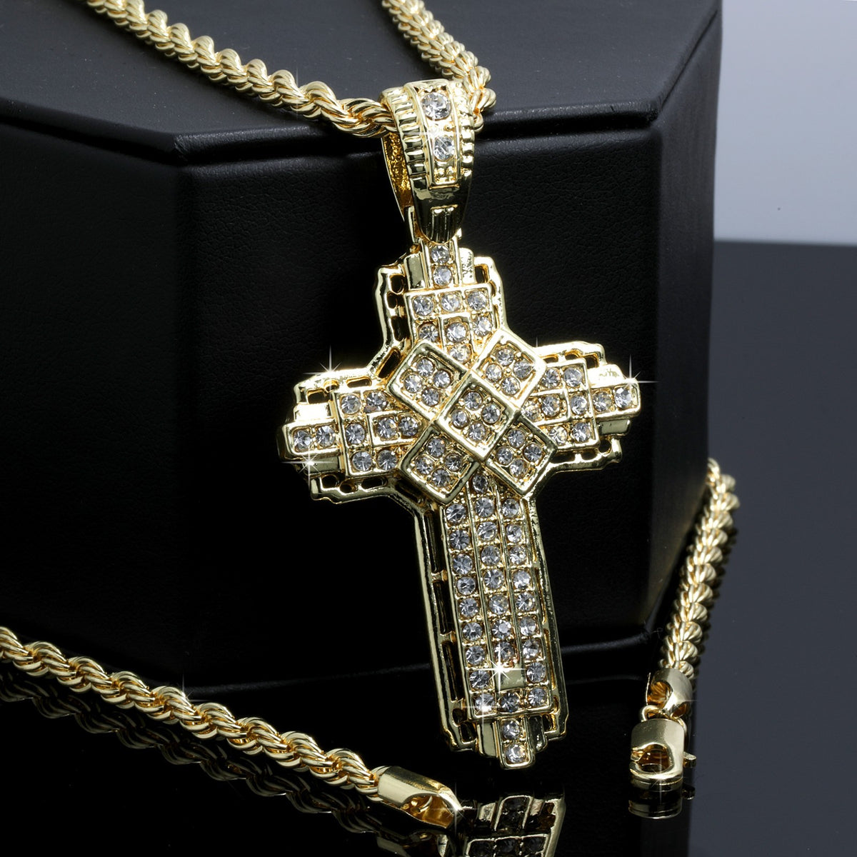 Iced X Cross Pendant CZ 14k Gold Rope Chain for Men's