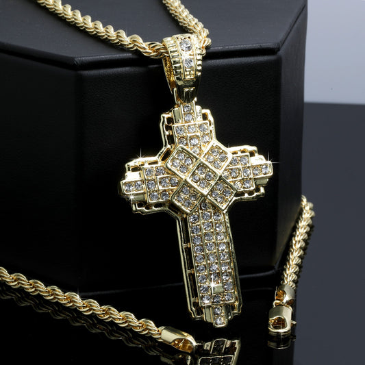 Iced X Cross Pendant CZ 14k Gold Rope Chain for Men's