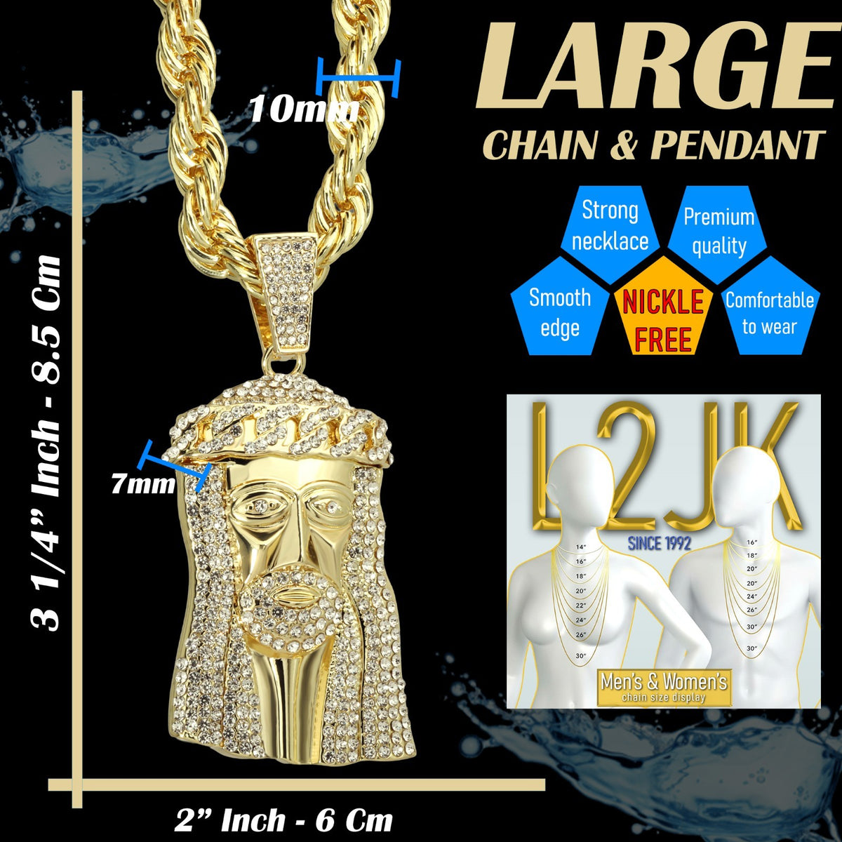 14k Rope Chain 10mm 20" & 24" Large Cuban Crown Jesus Piece Gold