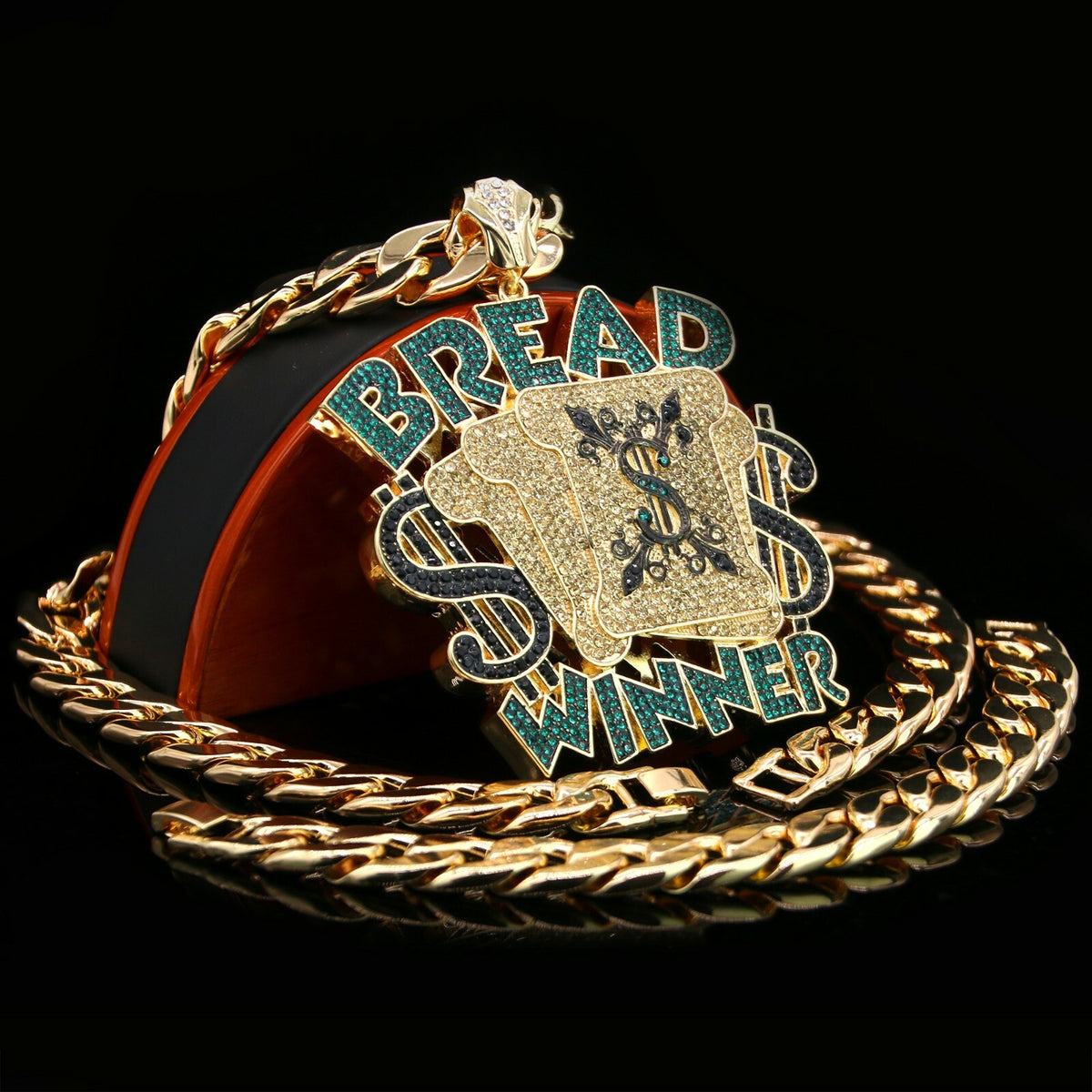 Huge Bread Winner Pendant CZ Gold 30" Cuban & Bracelet Chain