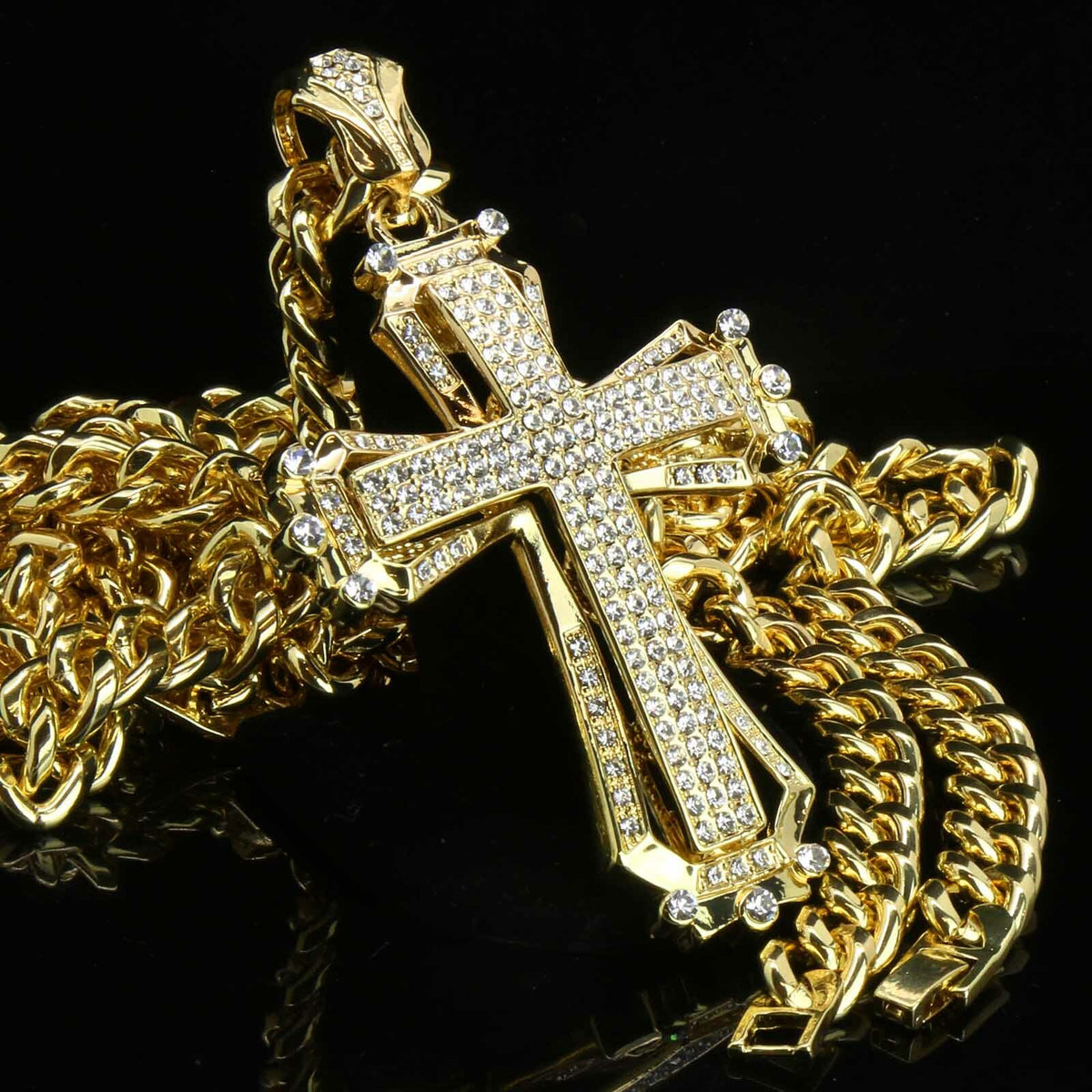 Gold Large Hollow Cross Pendant CZ 30" Cuban Chain
