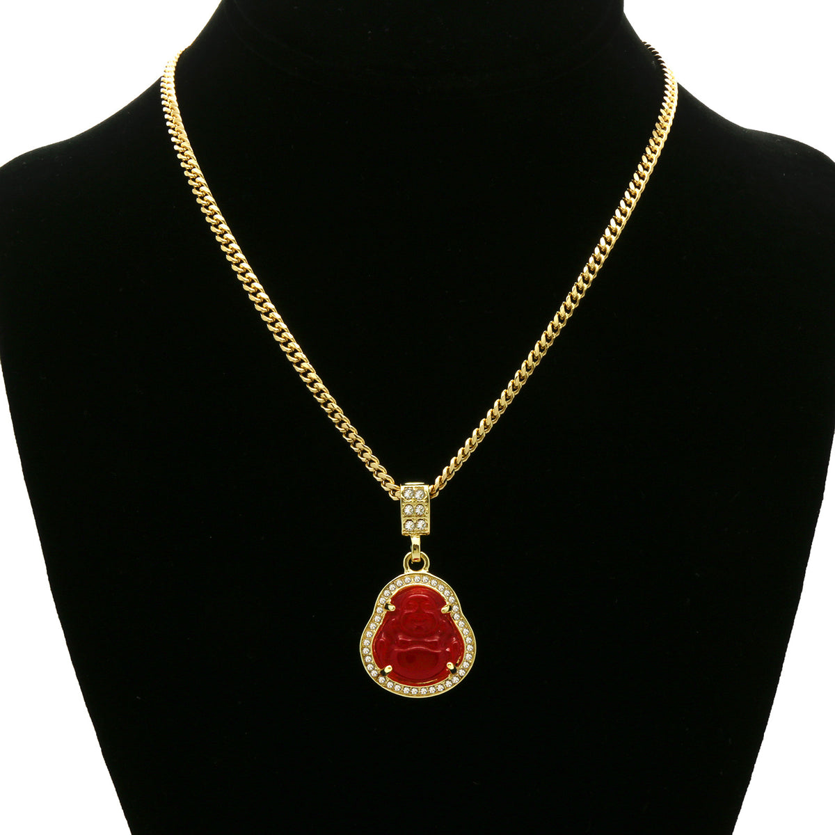 14k Gold Red Jade Buddha Pendant CZ Cuban Chain 24" 27" 30"