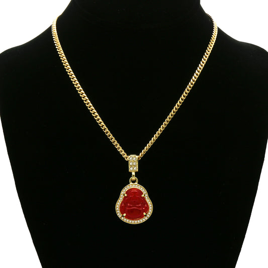 14k Gold Red Jade Buddha Pendant CZ Cuban Chain 24" 27" 30"