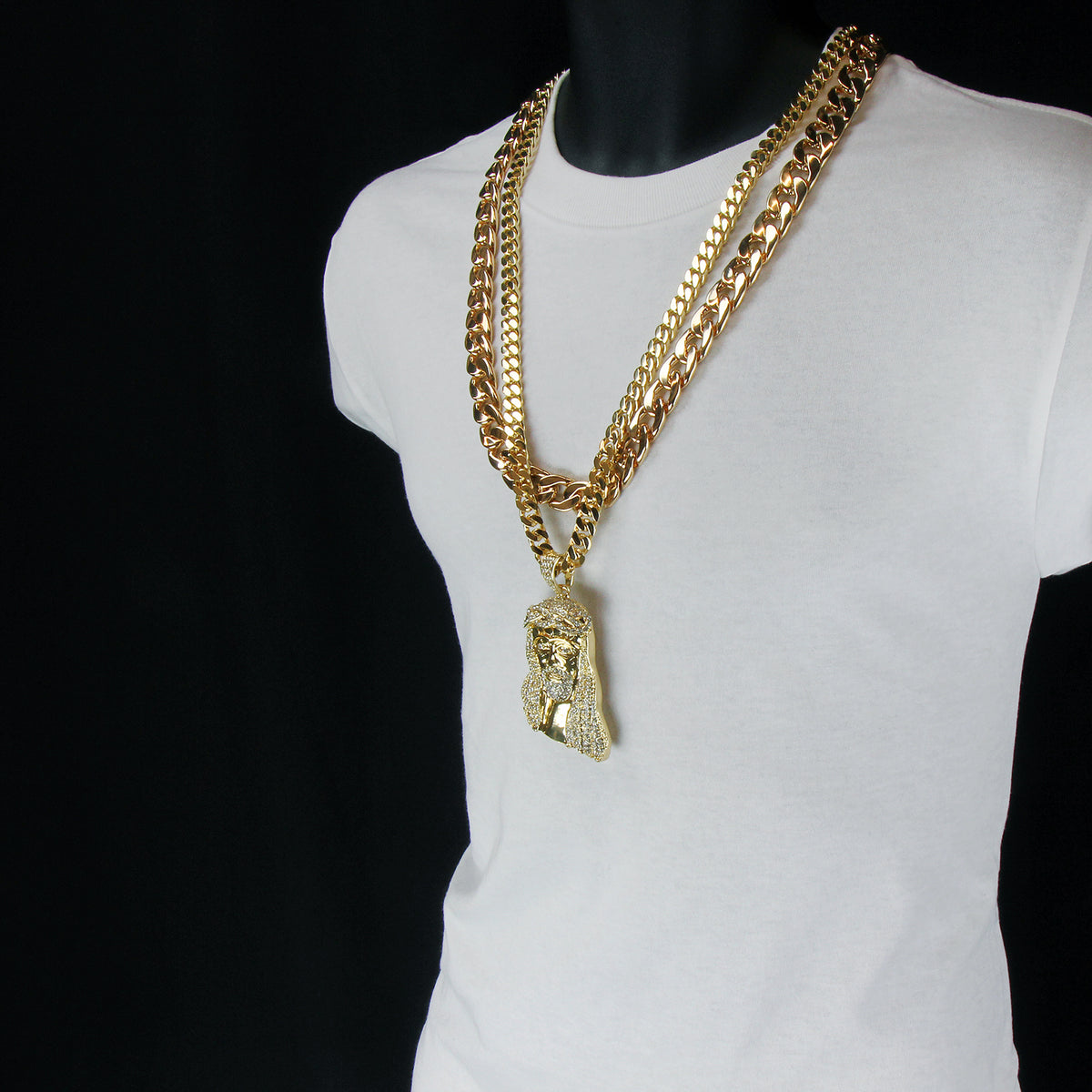 Gold Jesus Piece Pendant CZ Two 30" Cuban Chain