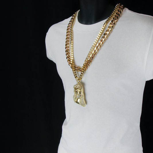 Gold Jesus Piece Pendant CZ Two 30" Cuban Chain