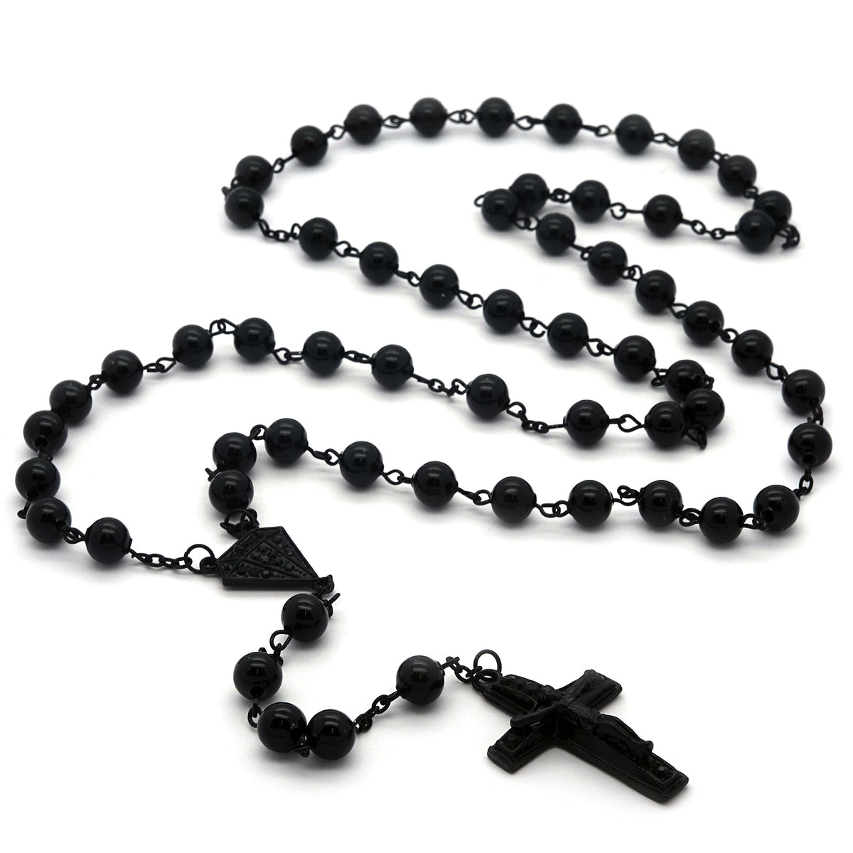 Men's 8mm Black Beads D-shape Rosary & Jesus Cross Necklace
