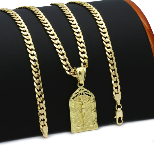 Men's 14k Gold Garden Jesus Pendant 5mm 24" Cuban Necklace Chain(k-1)
