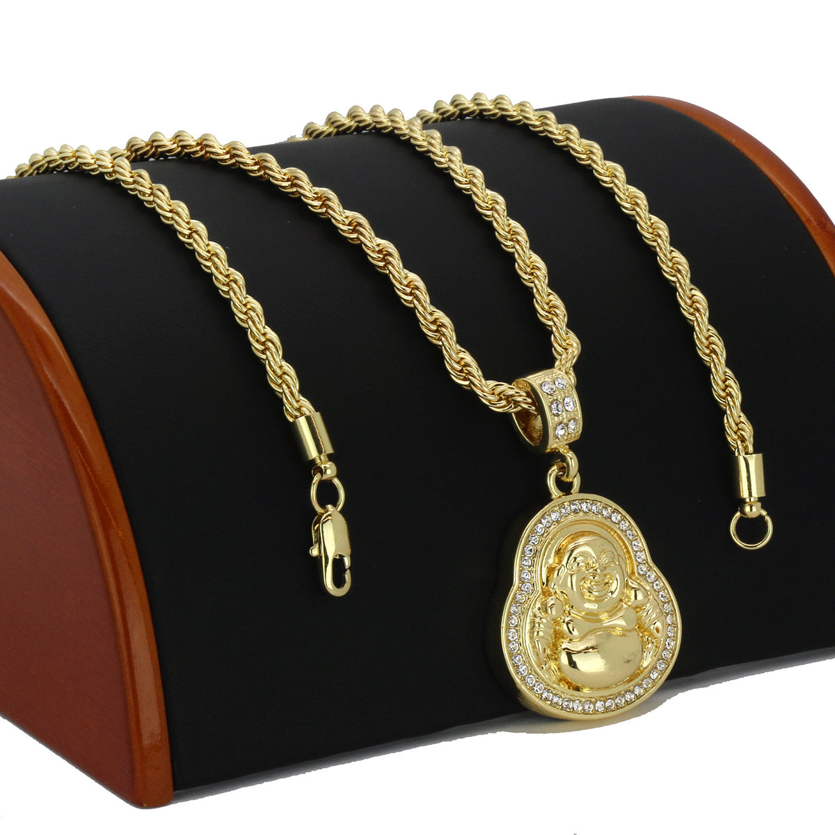 Men's 14k Gold Buddha Pendant CZ Rope Chain